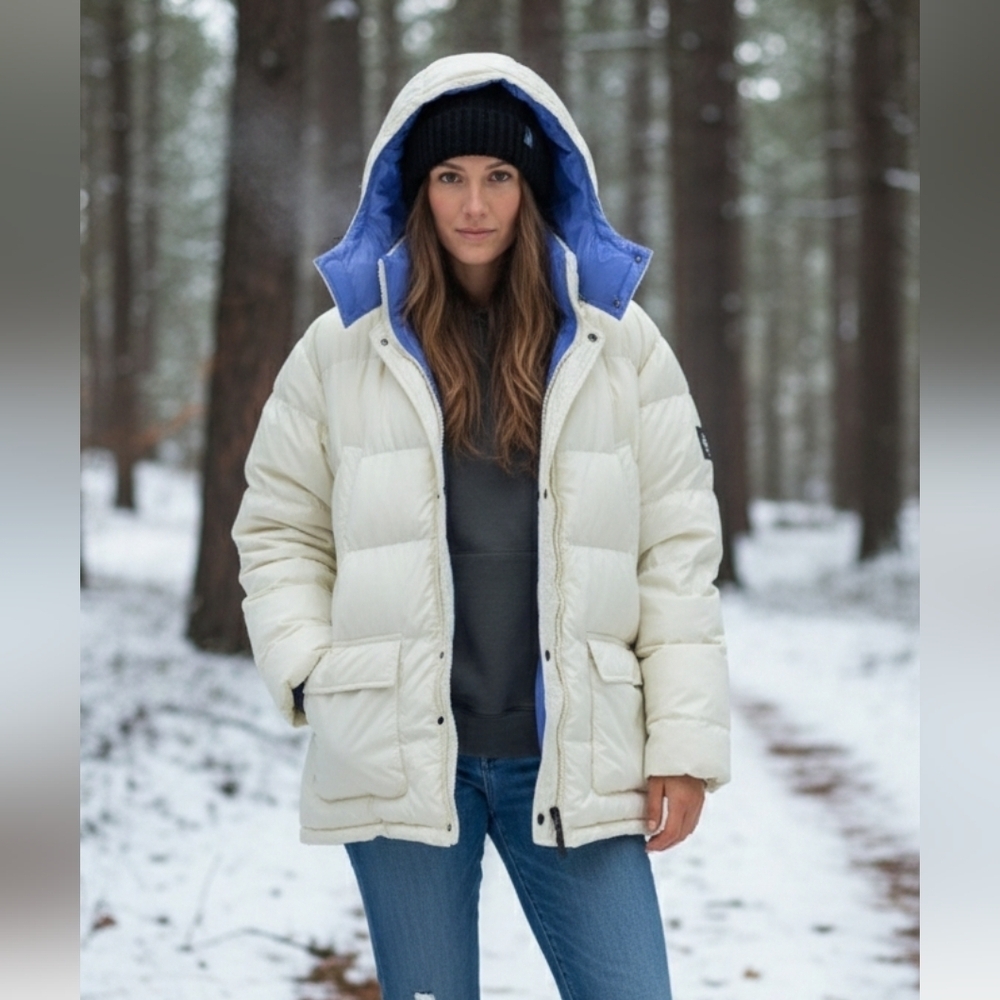 Lands End Down Women's Jacket Puffer Coat L Reversible Removable Hood Blue Cream